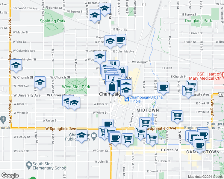 map of restaurants, bars, coffee shops, grocery stores, and more near 204 North Neil Street in Champaign