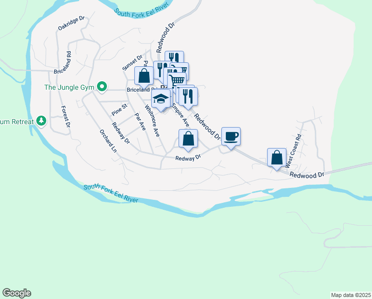 map of restaurants, bars, coffee shops, grocery stores, and more near 380 Birdie Lane in Redway