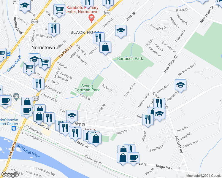 map of restaurants, bars, coffee shops, grocery stores, and more near 618 East Elm Street in Norristown