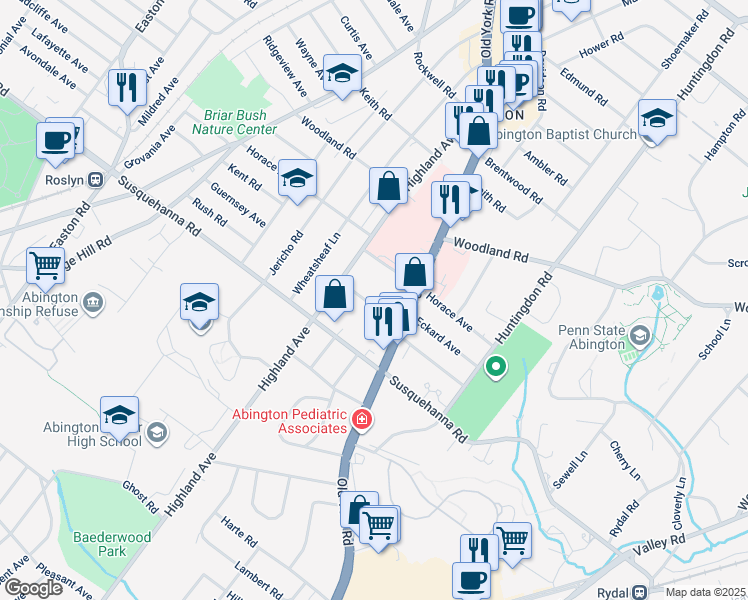 map of restaurants, bars, coffee shops, grocery stores, and more near 1931 Guernsey Avenue in Abington