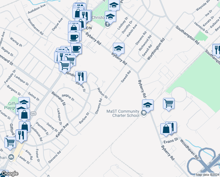 map of restaurants, bars, coffee shops, grocery stores, and more near 11919 Stevens Road in Philadelphia
