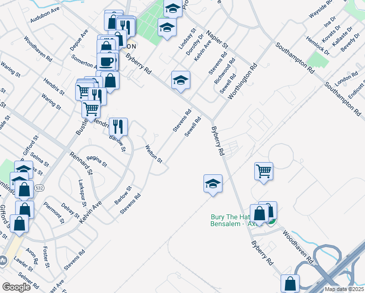 map of restaurants, bars, coffee shops, grocery stores, and more near 12019 Sewell Road in Philadelphia