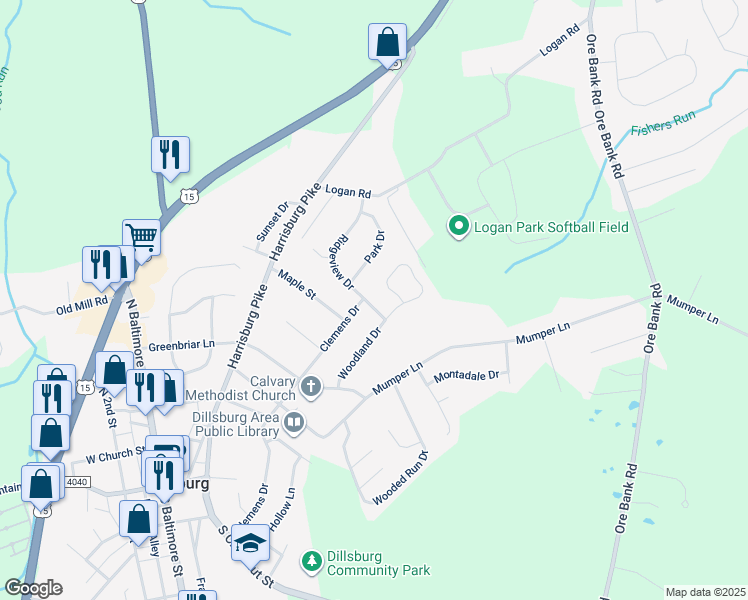 map of restaurants, bars, coffee shops, grocery stores, and more near 426 Ridgeview Drive in Dillsburg