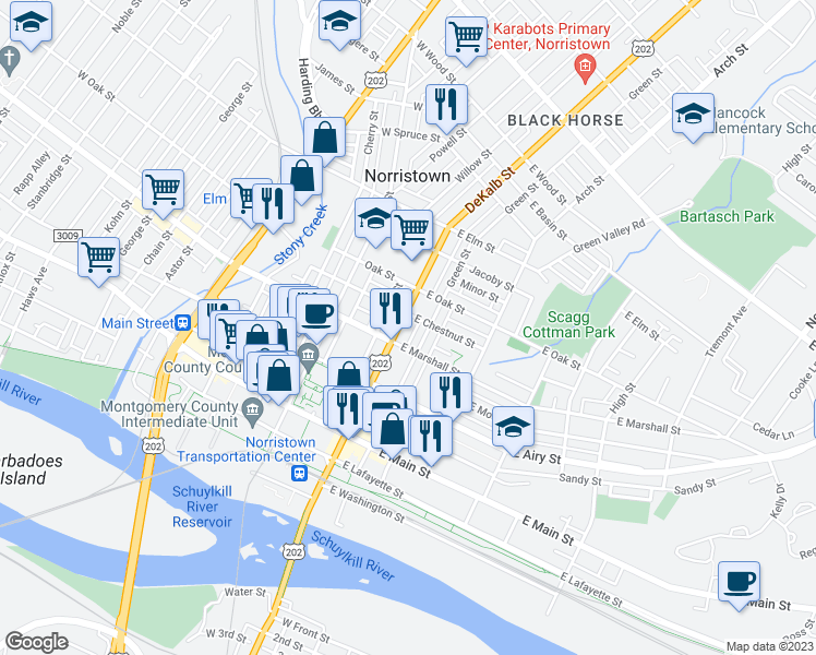 map of restaurants, bars, coffee shops, grocery stores, and more near 622 DeKalb Street in Norristown