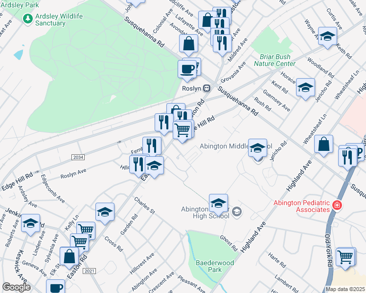 map of restaurants, bars, coffee shops, grocery stores, and more near 925 Easton Road in Abington