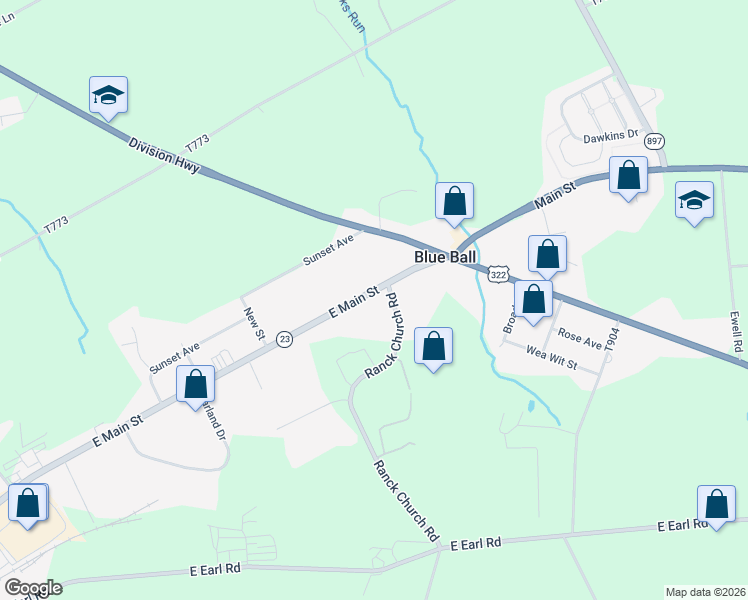 map of restaurants, bars, coffee shops, grocery stores, and more near in Blue Ball