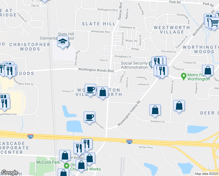 map of restaurants, bars, coffee shops, grocery stores, and more near 7440 Sancus Boulevard in Columbus