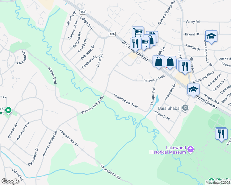 map of restaurants, bars, coffee shops, grocery stores, and more near 288 Metedeconk Trail in Jackson Township