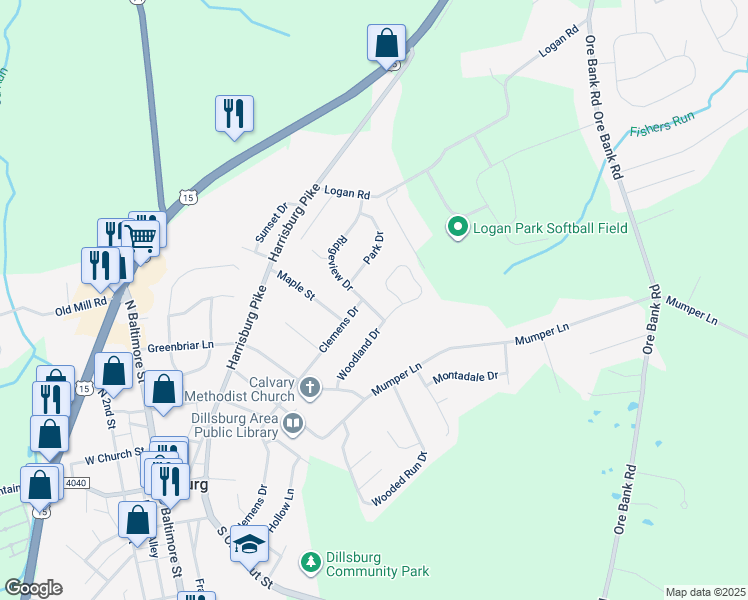 map of restaurants, bars, coffee shops, grocery stores, and more near 426 Ridgeview Drive in Dillsburg