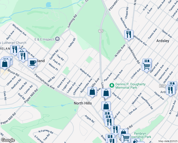 map of restaurants, bars, coffee shops, grocery stores, and more near 304 Chelsea Avenue in Glenside