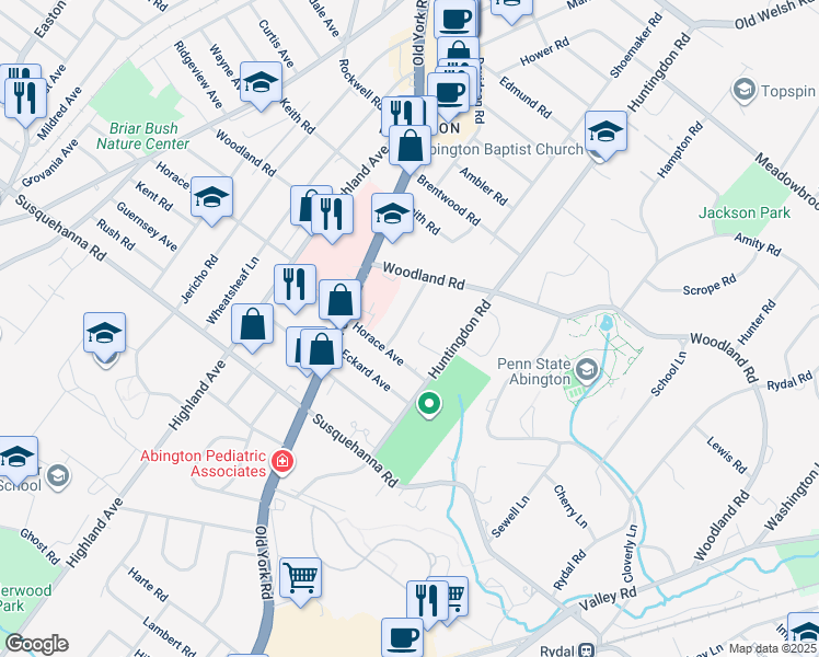 map of restaurants, bars, coffee shops, grocery stores, and more near 1225 Bockius Avenue in Abington