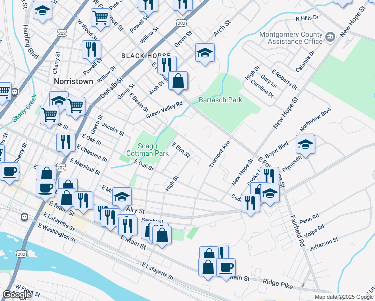 map of restaurants, bars, coffee shops, grocery stores, and more near 621 East Elm Street in Norristown