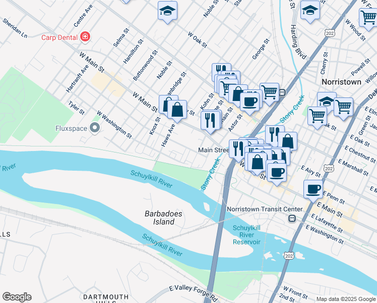 map of restaurants, bars, coffee shops, grocery stores, and more near 520 West Lafayette Street in Norristown