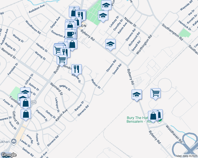 map of restaurants, bars, coffee shops, grocery stores, and more near 11912 Stevens Road in Philadelphia