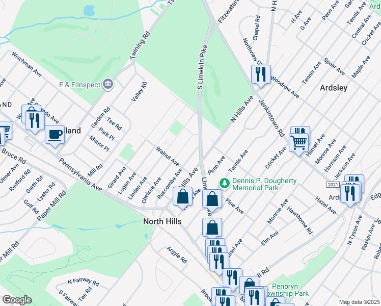 map of restaurants, bars, coffee shops, grocery stores, and more near 328 Ruscombe Avenue in Glenside