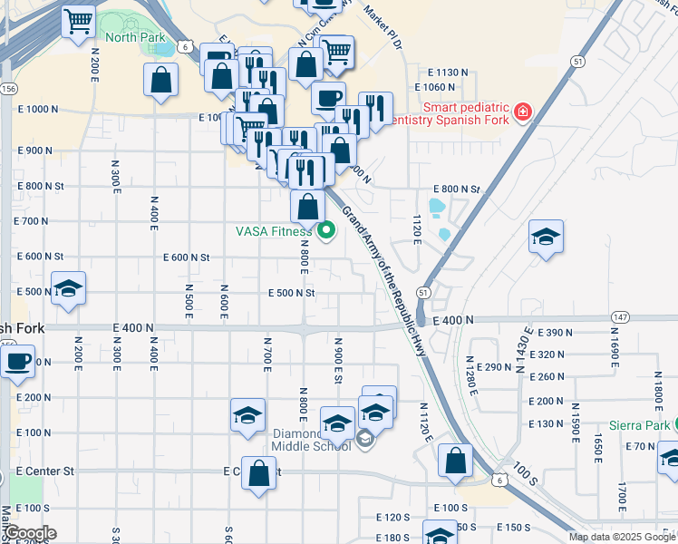 map of restaurants, bars, coffee shops, grocery stores, and more near 904 East 600 North in Spanish Fork