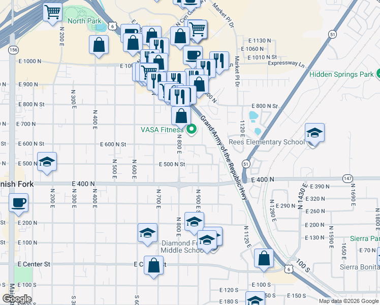 map of restaurants, bars, coffee shops, grocery stores, and more near 904 East 600 North in Spanish Fork