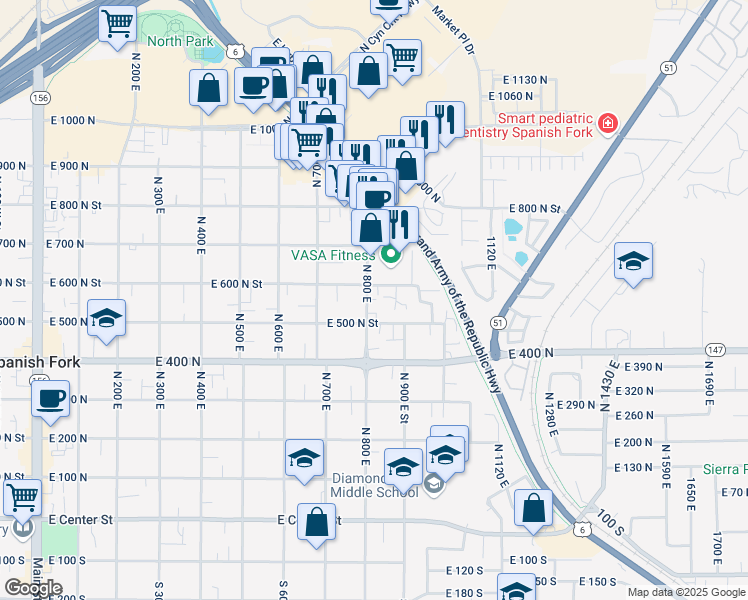 map of restaurants, bars, coffee shops, grocery stores, and more near 592 North 800 East in Spanish Fork