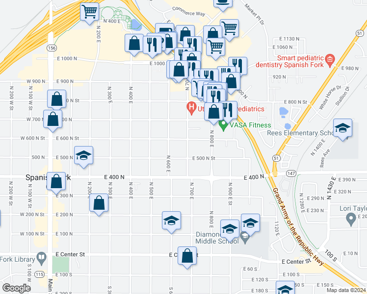 map of restaurants, bars, coffee shops, grocery stores, and more near 660 East 600 North in Spanish Fork