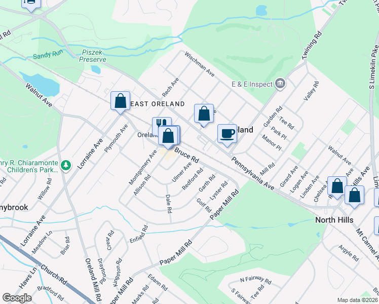 map of restaurants, bars, coffee shops, grocery stores, and more near 1300 State Route 2027 in Oreland