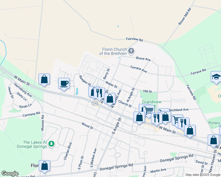 map of restaurants, bars, coffee shops, grocery stores, and more near 274 North Plum Street in Mount Joy