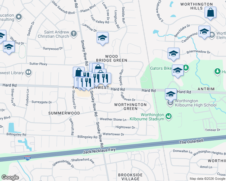 map of restaurants, bars, coffee shops, grocery stores, and more near 1799 Birchfield Court in Powell