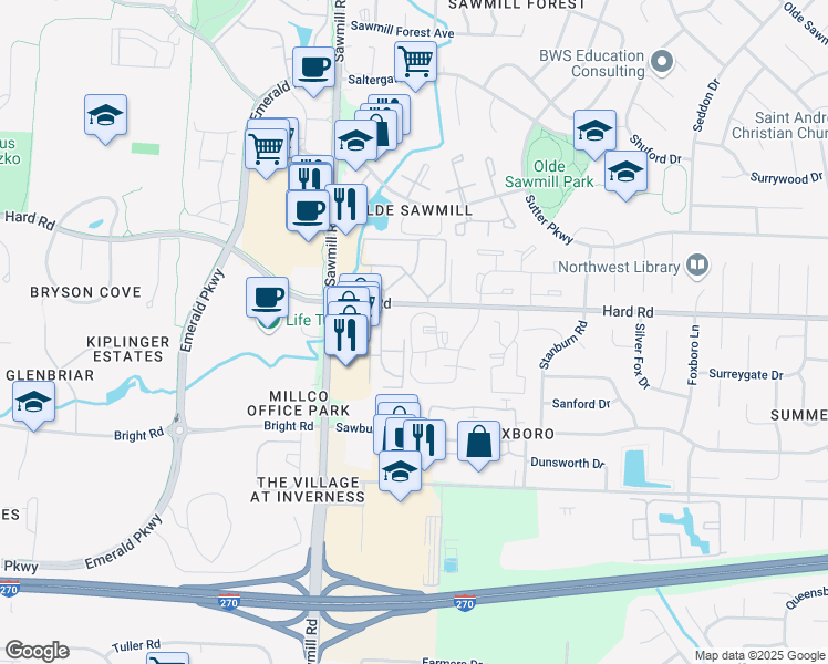 map of restaurants, bars, coffee shops, grocery stores, and more near 7948 Woodham Lane in Columbus