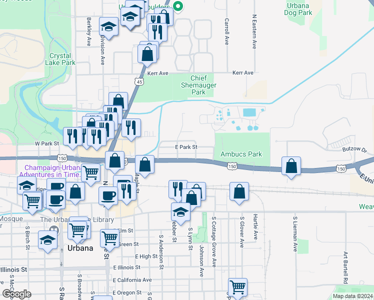 map of restaurants, bars, coffee shops, grocery stores, and more near 806 East Park Street in Urbana