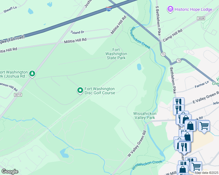 map of restaurants, bars, coffee shops, grocery stores, and more near 605 Creek Lane in Flourtown