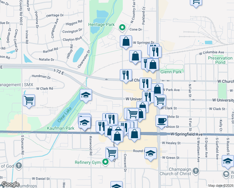 map of restaurants, bars, coffee shops, grocery stores, and more near 2101 West Park Court in Champaign