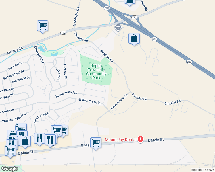 map of restaurants, bars, coffee shops, grocery stores, and more near 1501 Fieldstone Drive in Mount Joy