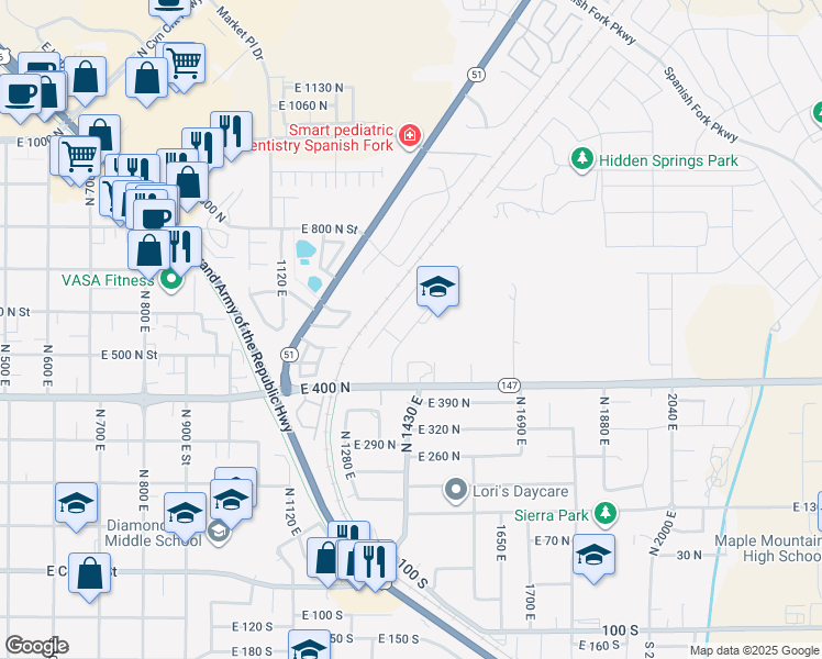 map of restaurants, bars, coffee shops, grocery stores, and more near 574 Rees Avenue in Spanish Fork