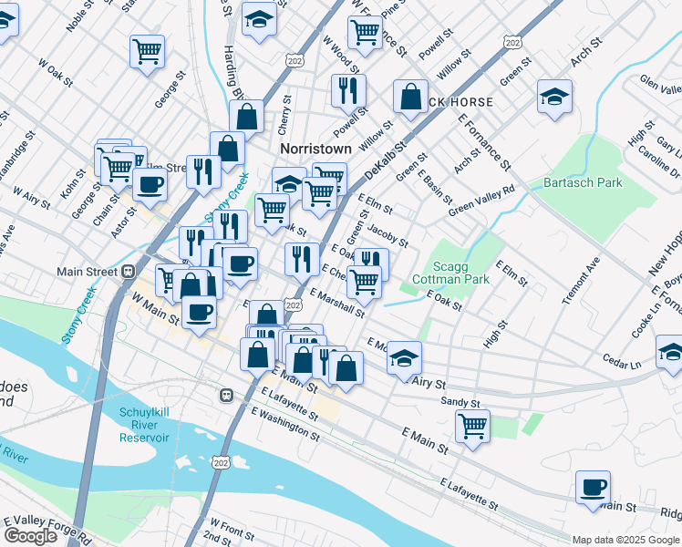 map of restaurants, bars, coffee shops, grocery stores, and more near 205 East Chestnut Street in Norristown