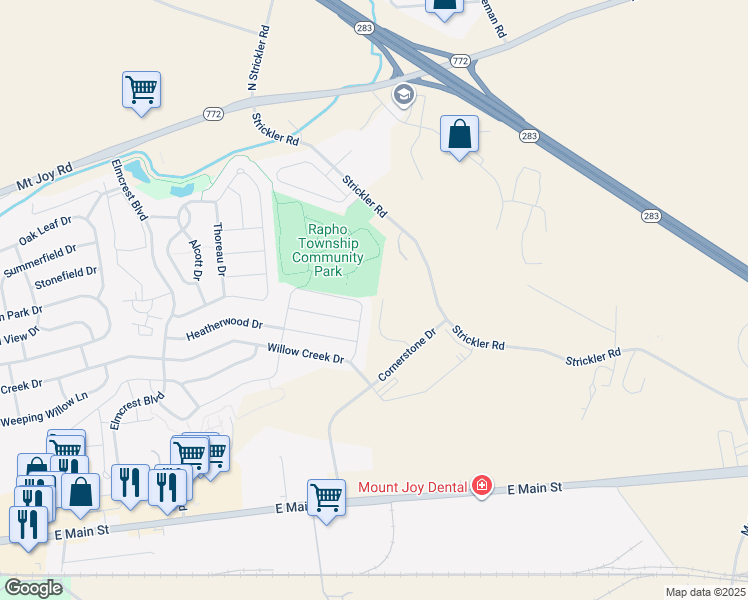 map of restaurants, bars, coffee shops, grocery stores, and more near 1501 Fieldstone Drive in Mount Joy