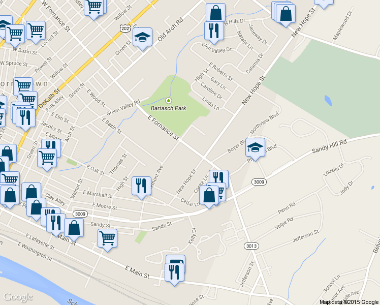 map of restaurants, bars, coffee shops, grocery stores, and more near 724 E Fornance St in Norristown