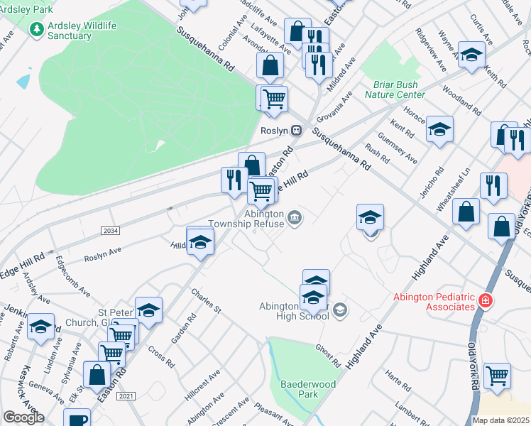 map of restaurants, bars, coffee shops, grocery stores, and more near 929 Easton Road in Glenside