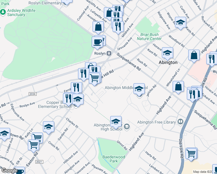 map of restaurants, bars, coffee shops, grocery stores, and more near 2184 Schaeffer Road in Abington