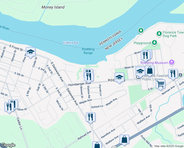 map of restaurants, bars, coffee shops, grocery stores, and more near 60 River Bank Drive in Florence