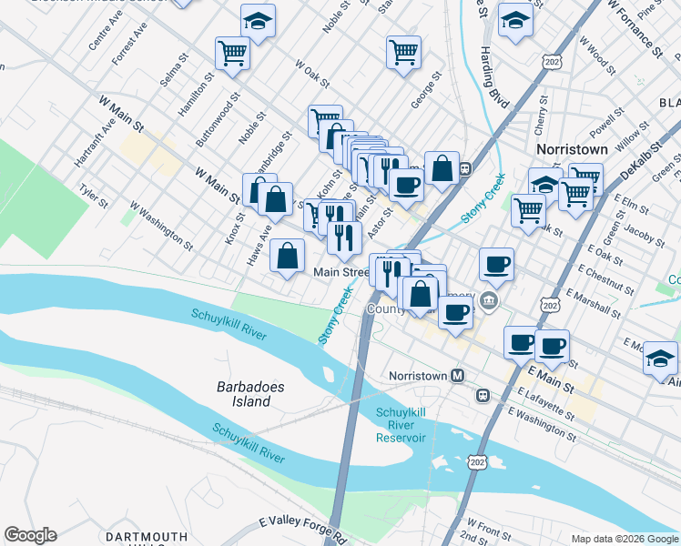 map of restaurants, bars, coffee shops, grocery stores, and more near 400 West Main Street in Norristown