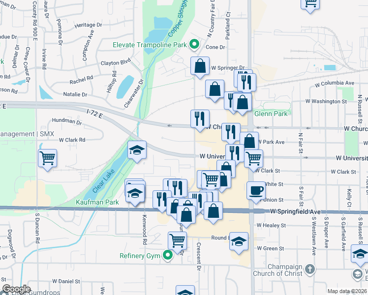 map of restaurants, bars, coffee shops, grocery stores, and more near 2101 West Park Court in Champaign