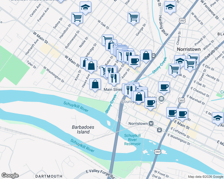 map of restaurants, bars, coffee shops, grocery stores, and more near 400 West Main Street in Norristown