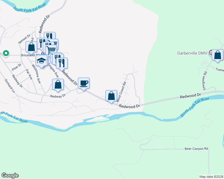 map of restaurants, bars, coffee shops, grocery stores, and more near 2873 Redwood Drive in Redway