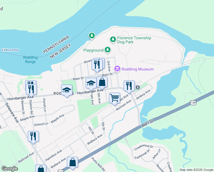 map of restaurants, bars, coffee shops, grocery stores, and more near 132 4th Avenue in Florence Township