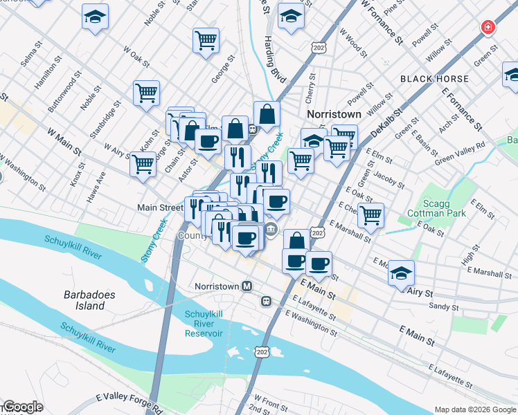 map of restaurants, bars, coffee shops, grocery stores, and more near 520 Norris Street in Norristown