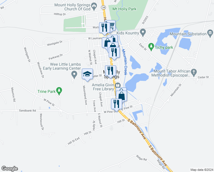 map of restaurants, bars, coffee shops, grocery stores, and more near 219 North Baltimore Avenue in Mount Holly Springs