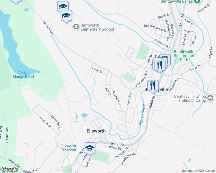 map of restaurants, bars, coffee shops, grocery stores, and more near 150 Hill Street in Bentleyville