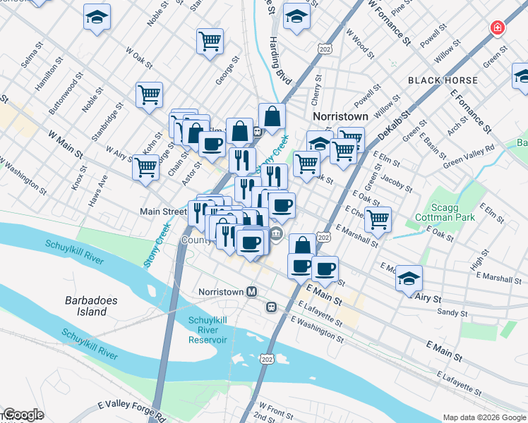 map of restaurants, bars, coffee shops, grocery stores, and more near 520 Norris Street in Norristown