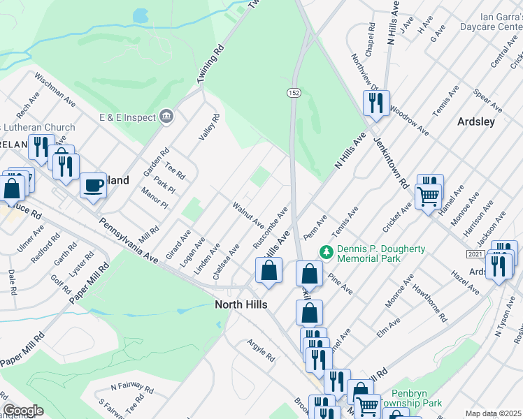 map of restaurants, bars, coffee shops, grocery stores, and more near 308 Chelsea Avenue in Erdenheim