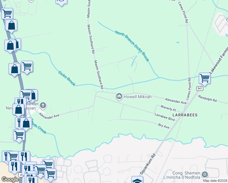 map of restaurants, bars, coffee shops, grocery stores, and more near 365 Alexander Avenue in Howell Township