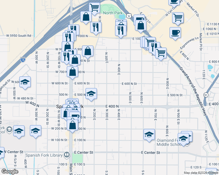 map of restaurants, bars, coffee shops, grocery stores, and more near 595 North 300 East in Spanish Fork